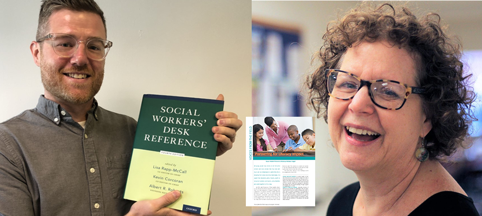 Side by side photos of a man holding a book and a woman smiling with a copy of her article