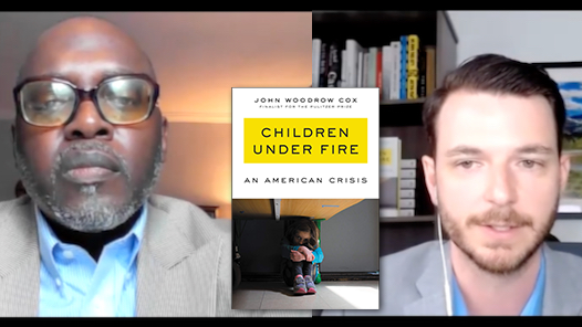 Two people are shown side by side in a Zoom screengrab with the cover of the book Children Under Fire imposed between them