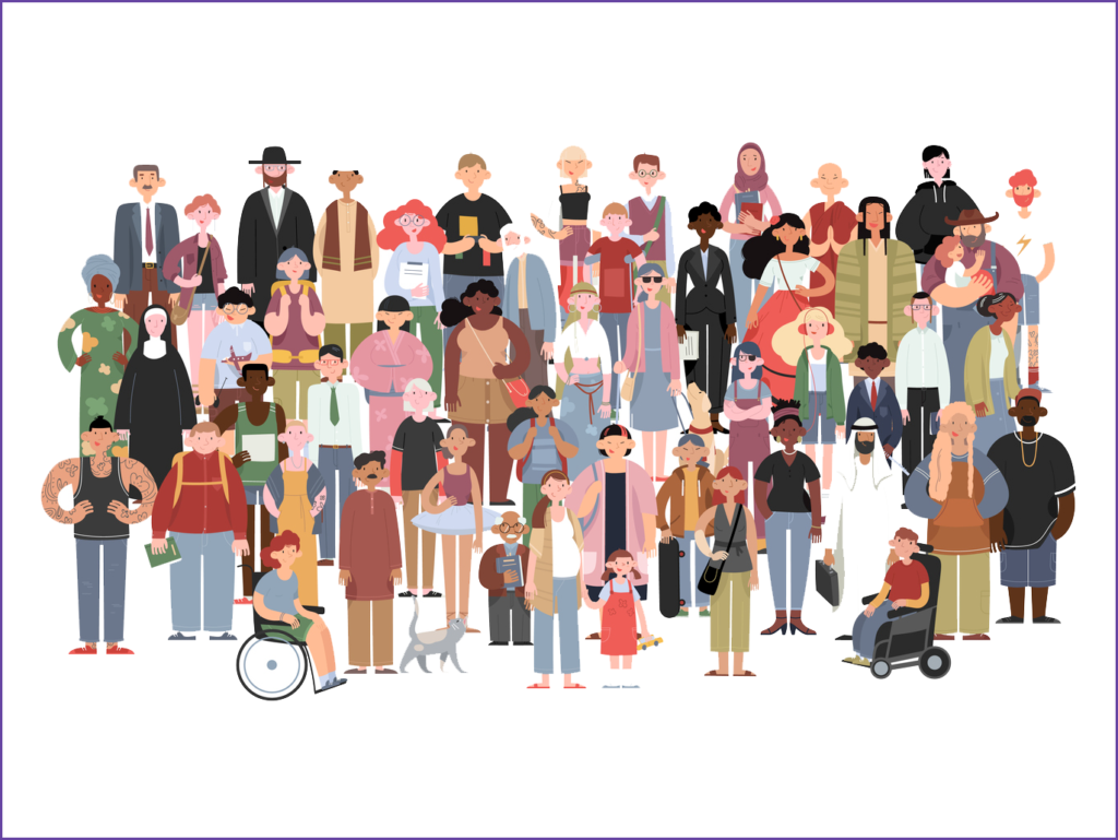 Colorful clipart of lots of diverse people in varied clothing, from casual to formal