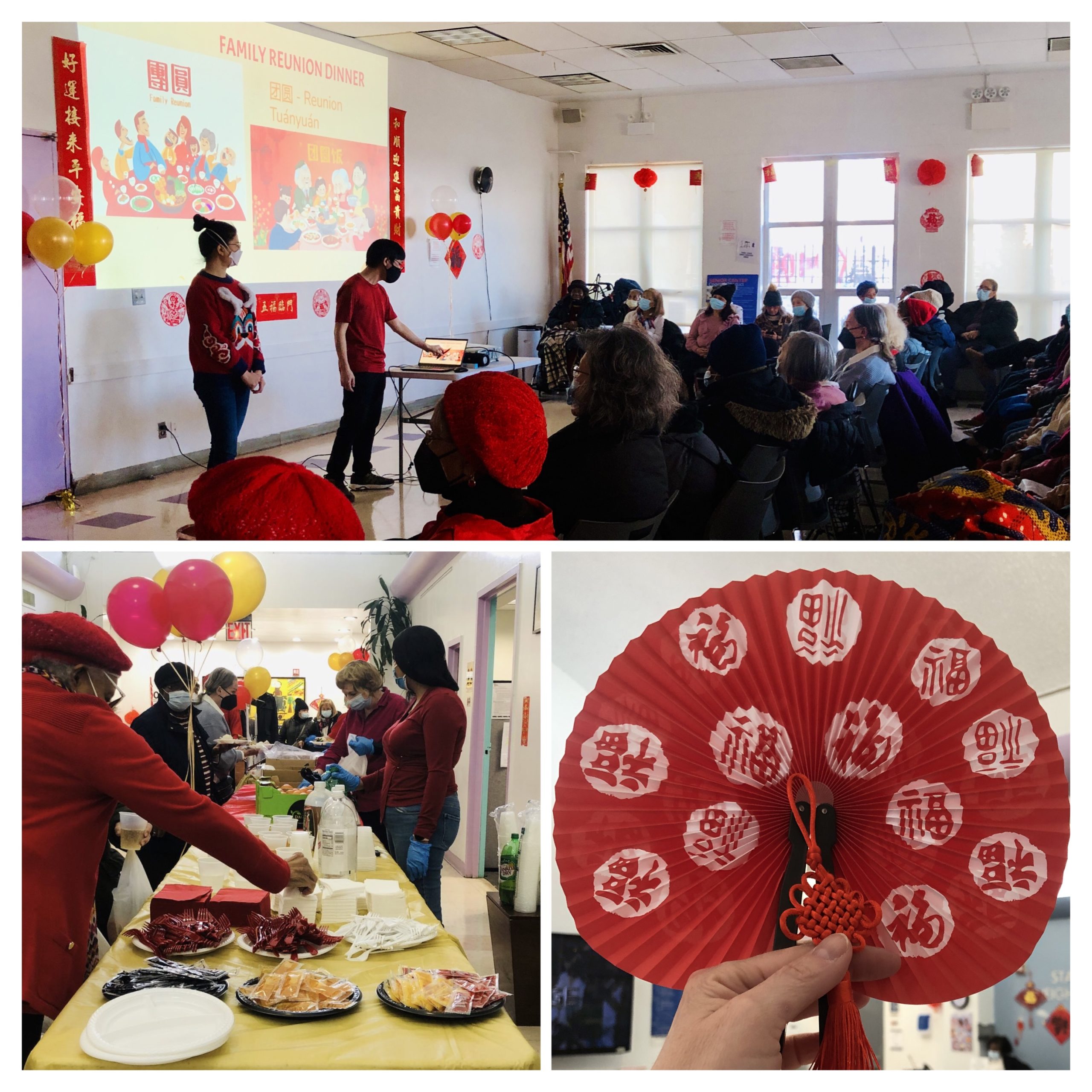 A collage showing a crowded room watching a live presentation plus people being served chinese food plus a hand holding up a red Chinese fan