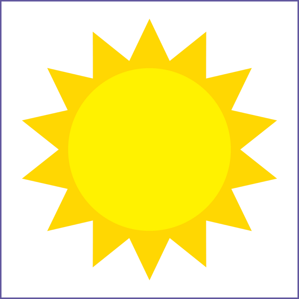 a simple line drawing of a yellow sun with orange rays